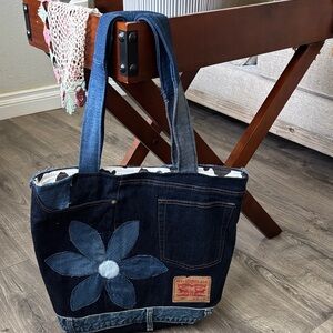Blue Denim Tote with Floral Accent